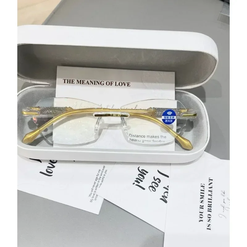 New diamond cut rimless reading glasses anti-blue anti-radiation smart zoom female personality fashion