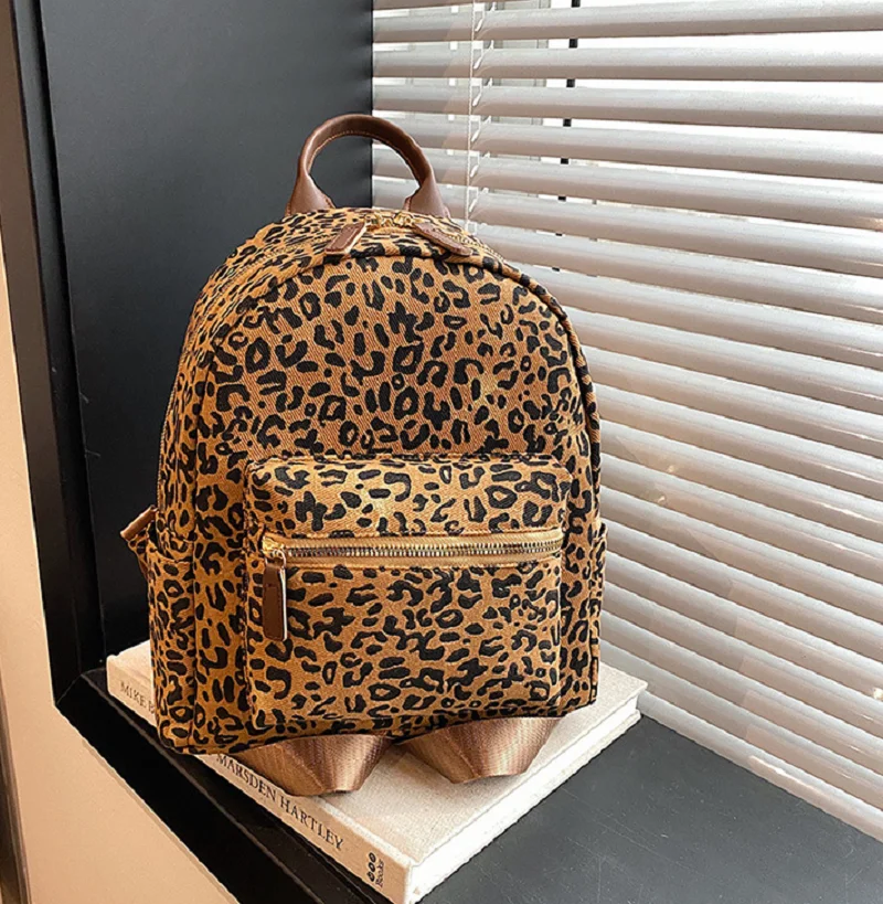 New Women\'s Korean Fashion Leopard Canvas Backpacks Large Capacity Casual Travel Shoulder Bags Totes School Bag Knapsack