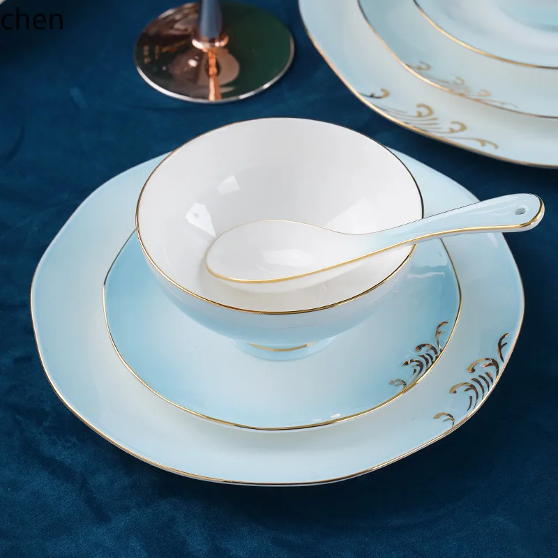 CZ Gradient Gold Trim Tableware Set Housewarming Gift Palace Style Chinese Bone China