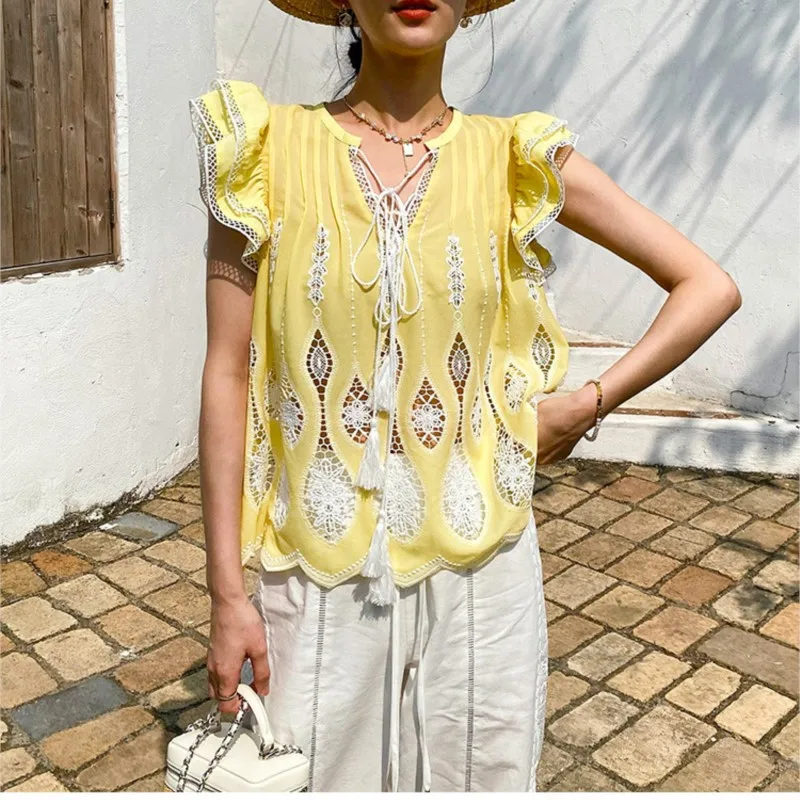 Johnature Summer 2025 Top da donna ricamati francesi in stile resort Camicie traspiranti con scollo a V comode e larghe con cut-out casual