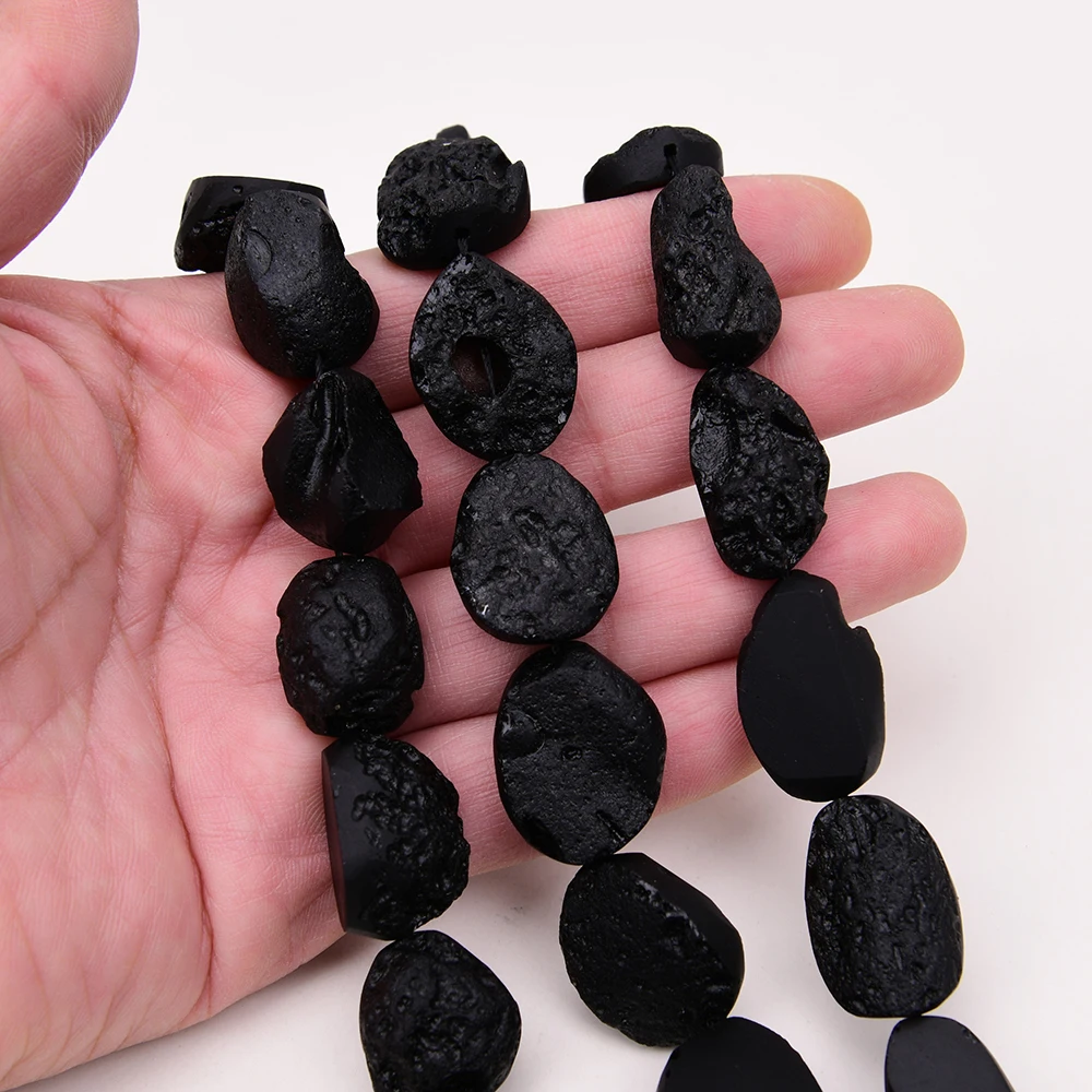 APDGG Natural Black Meteorite Stone Oval Triangle Nugget Rough Fancy Gems Slice Loose Beads 15.5'' Jewelry Making DIY