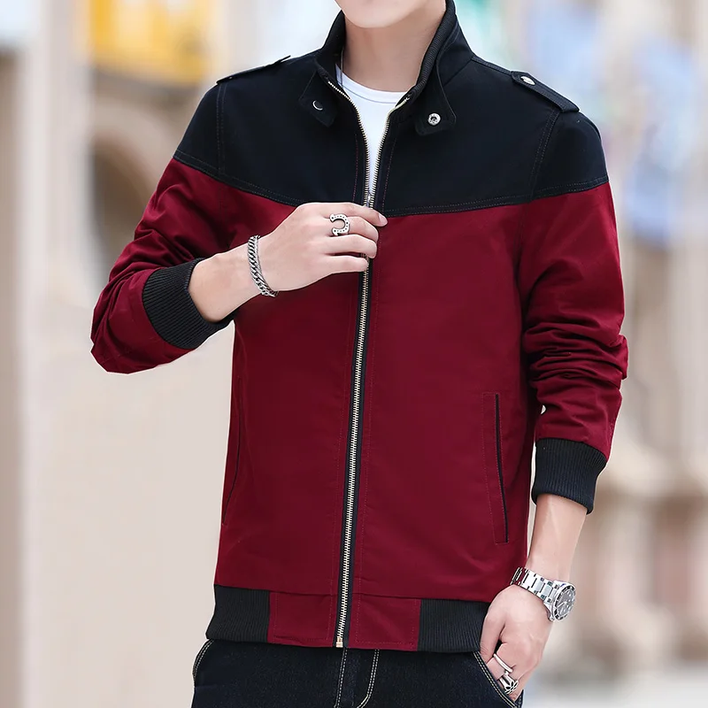 

Pure Cotton Jacket Spring Men's Casual Color Blocking Zipper Stand Up Collar Coat Outdoor Fashion Versatile Baseball Clothing