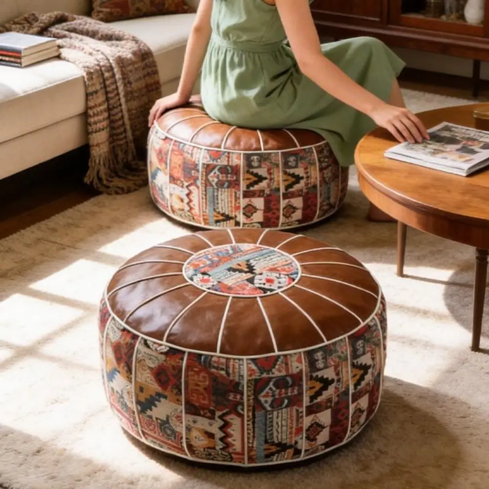 New Boho Pattern Ottoman Pouf Fillable Design Large Opening Footstool Cover PU Leather Water Resistant Round Pouf Cover Home Use