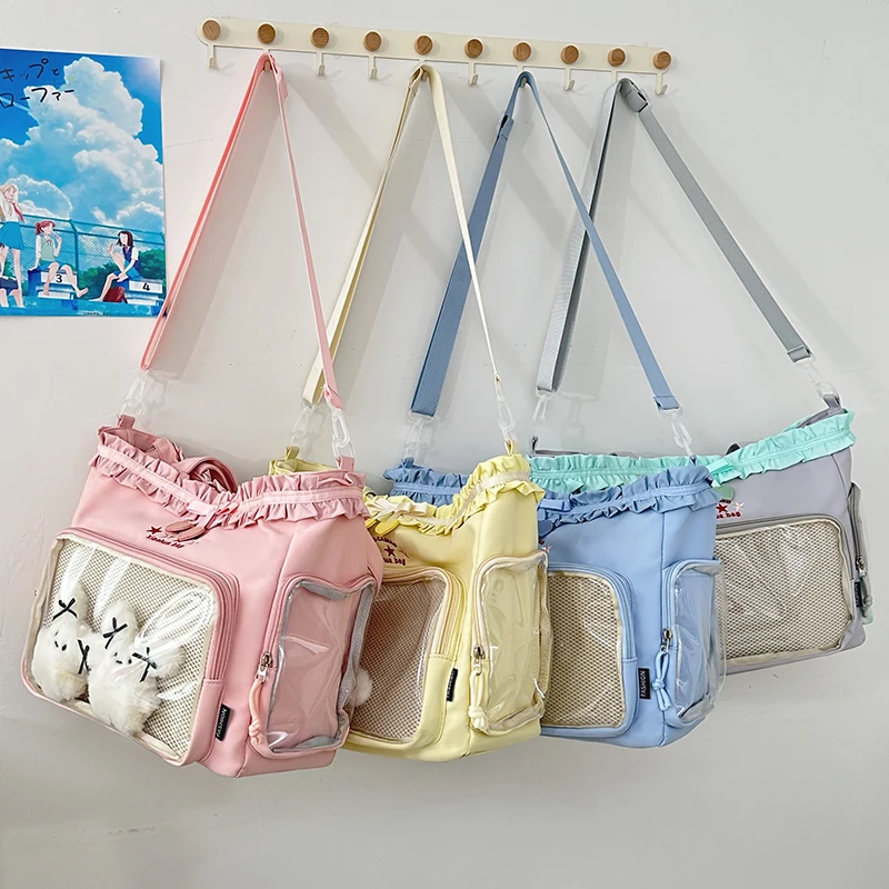 

Large Capacity Women Nylon Tote Bags Cute Ruffled Ita Bag Pin Display Ita Shoulder Bags Students Casual Bookbag Ladies Handbags