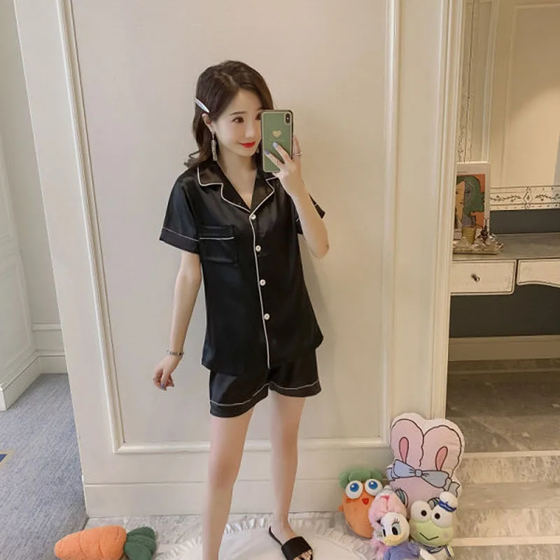 2PCS/Set Plus Size Women Pajamas Simple Solid Buttons Cardigan Short-Sleeved Shorts Homewear Thin Section Ladies Fashion Outside