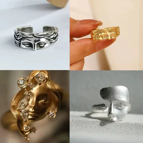 New Geometry Zircon Half Face Sculpture Ring European and American Retro Trend Personalized Fashion Charm Jewelry Gifts&Everyday