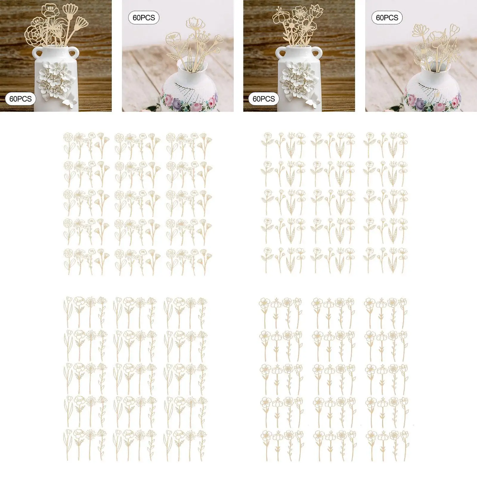 

60x Wooden Wildflower Decor Set Art Craft Decoration DIY Floral Art Kit for Birthday Gift Living Room Bedroom Festival Holiday