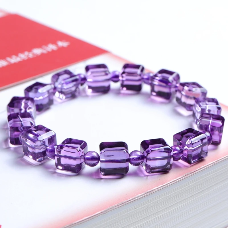 

Natural Lavender Purple Amethyst Quartz Bracelet 9x9mm Clear Cube Beads Bracelet Gemstone Wealthy Amethyst AAAAAA