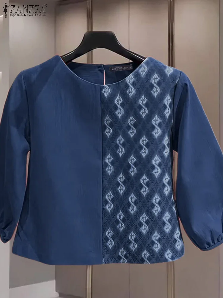 Women Pactwork Tops Casual Loose Autumn Blouse Fashion Three Quarter Sleeve Tunic O Neck Pullover Oversized Blusas 2025 ZANZEA