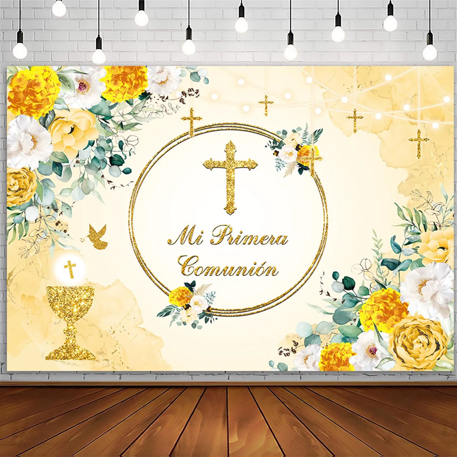 AIBIIN Baptism Photography Backdrop Gold Cross Yellow Flower Green Leaf First Holy Communion Background Christening Party Decor