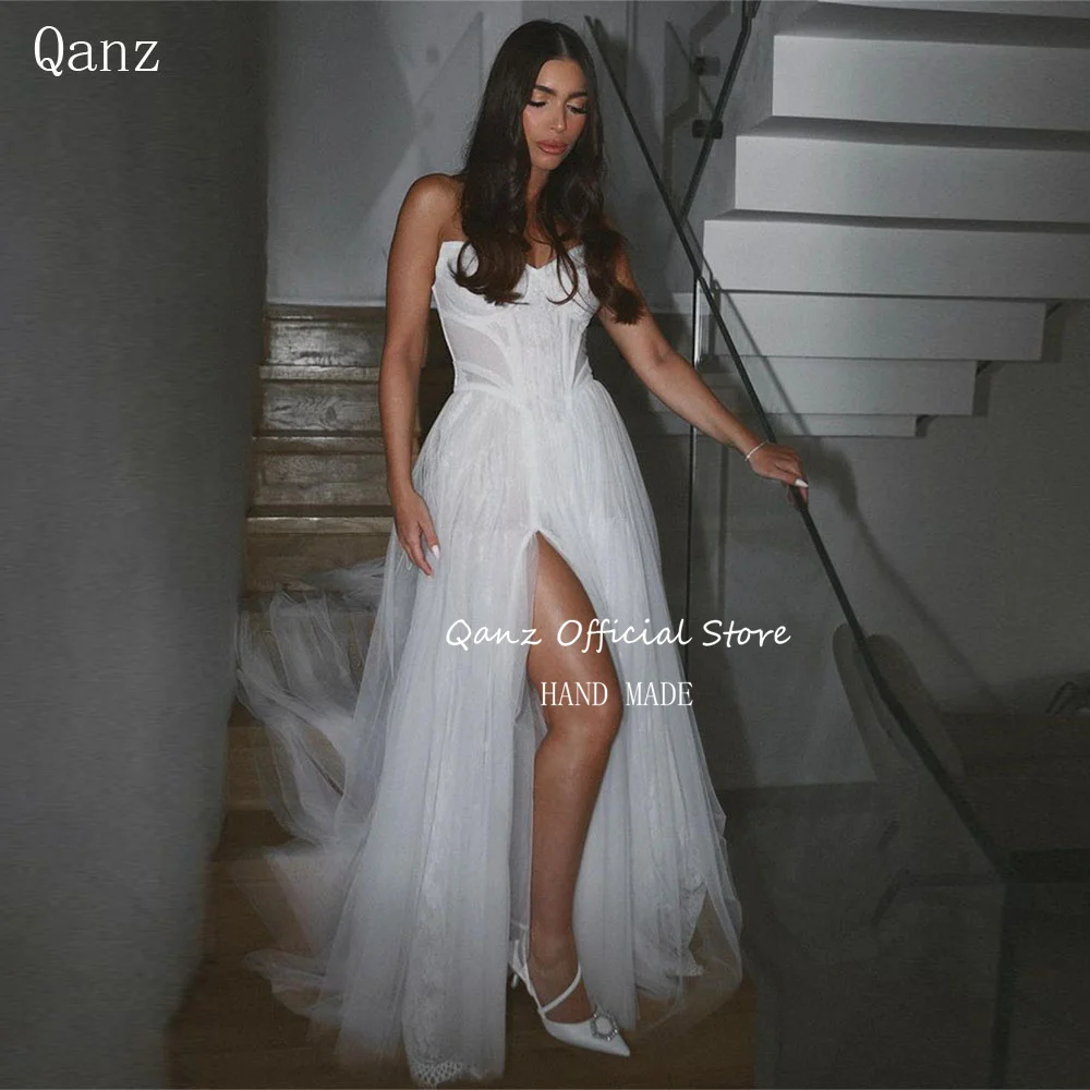 

Qanz Boho Wedding Dress Tulle Lace High Slit Vestidos Elegantes Para Mujeres Formal Long A Line Corset Vestido De Casamento