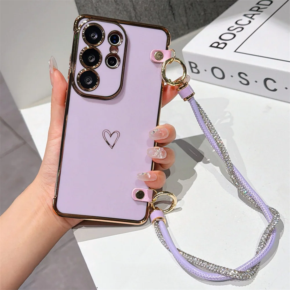 Luxuriöse Lanyard-Handyhülle mit Herzdesign für Samsung S25 S26 Ultra S24 S23 FE S22 S21 Plus A57 A56 A55 A54 A53 A52 A17 A16 A15 Cover