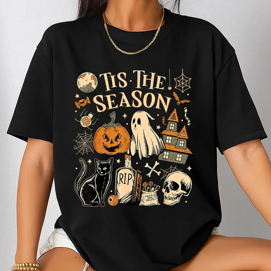 

Vintage Halloween Shirt,Tis The Season Retro Ghost Spooky Season Halloween Costume T-Shirt, Y2K Halloween Top