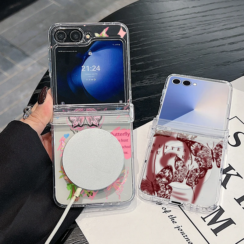 Magnetic Butterfly Pattern Phone Case For Samsung Galaxy Z Flip 7 FE 7 6 5 4 5G Flip7 Flip6 Flip5 For Magsafe Hard PC Back Cover