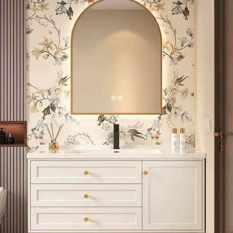 

Oak paint ceramic integrated basin bathroom cabinet combination, wall-mounted washbasin with mirror lamp