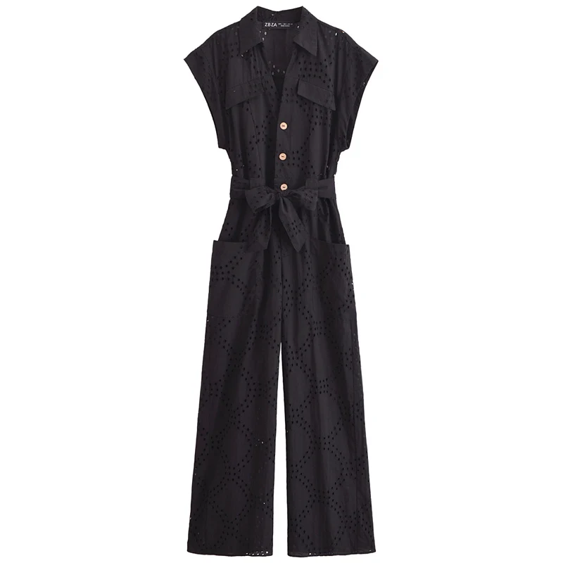 TRAF Hollow Out Embroidered Jumpsuit Women Jumpsuit Summer 2024 Black Sleeveless Overall With Belt Fashion Casual Lady Jumpsuits