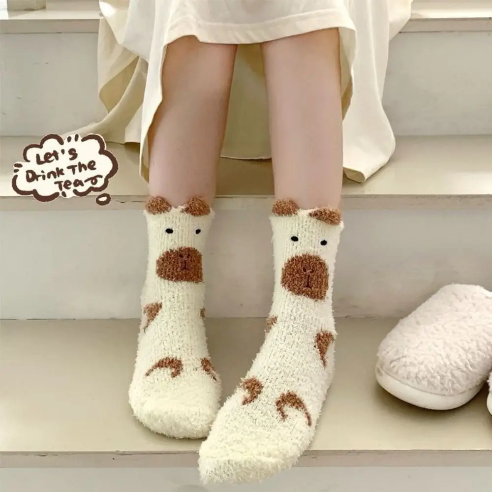 

5Pairs Sweet Plush Capybara Fleece Socks Warm Soft Sleeping Socks Women Hosiery Thicken Winter Floor Socks Girls