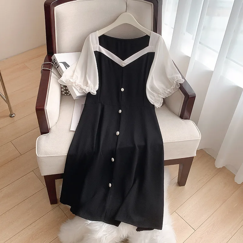 160Kg Plus Size Women\'s Bust 160 Summer Loose Square Neck Short Sleeve Dress Black 6XL 7XL 8XL 9XL 10XL