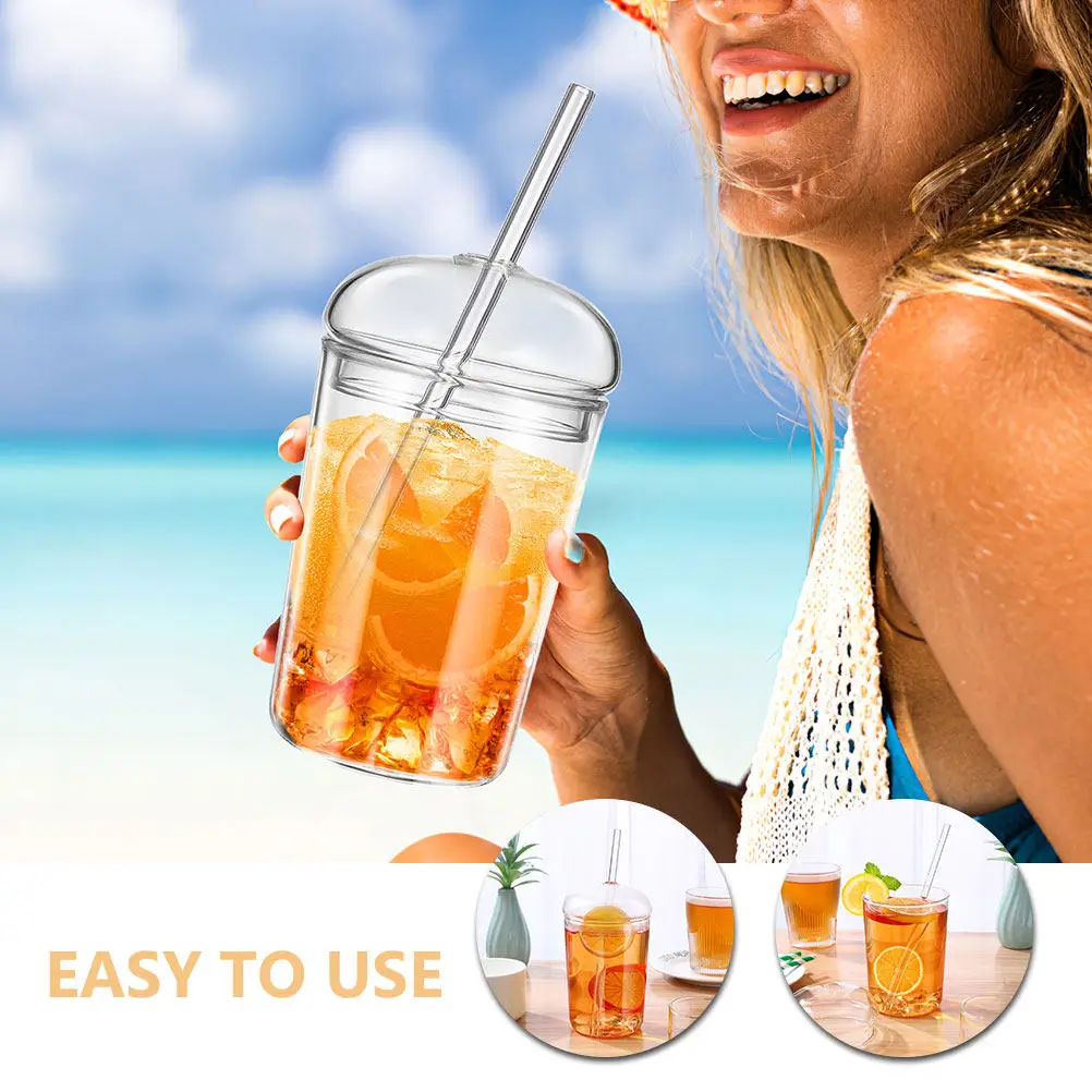 2Pcs Elegant Glass Drinking Cup with Straw and Secure Lid Transparent Tumbler for Water Coffee Juice Home Office Use view 3