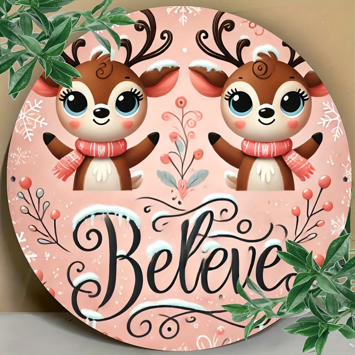2D Flat, 1pc 2D Printed Vintage Pink Round Christmas Reindeer Wooden Wall Decor - 2