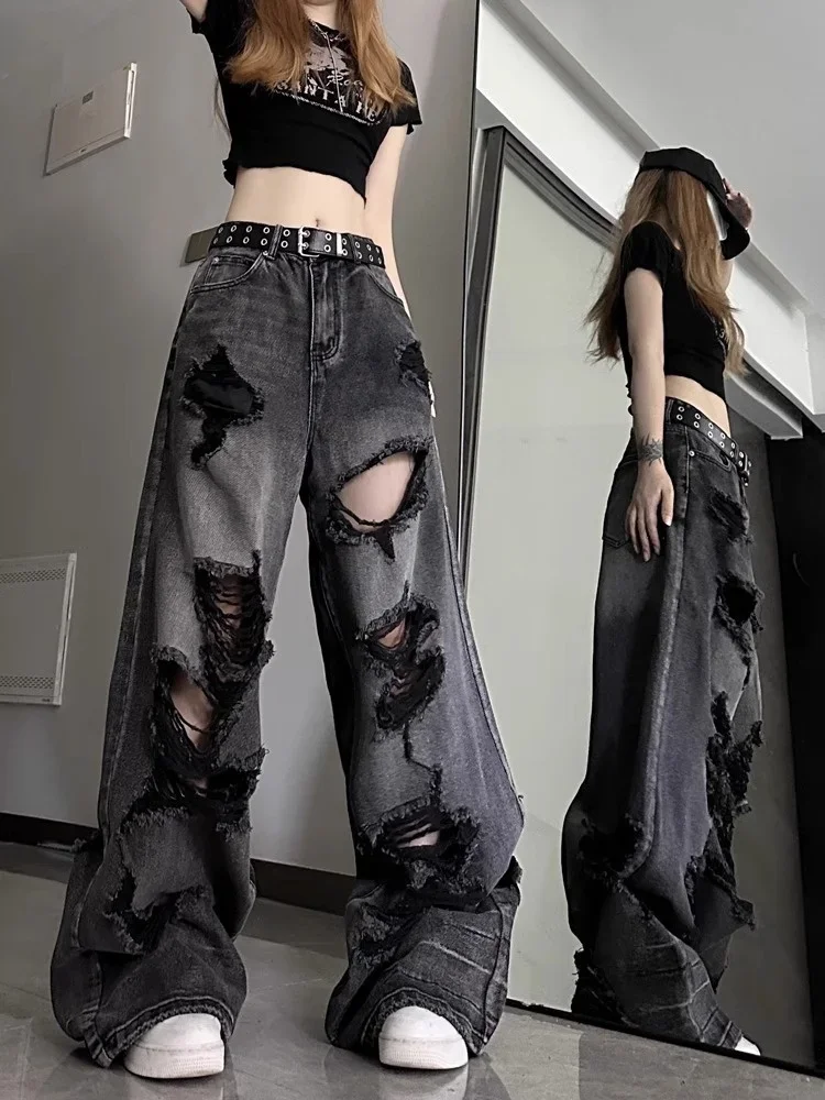 American High Street Unisex Distressed Jeans 2024 Summer Cool Girl Gradient Black Loose Versatile Straight Wide Leg Pants