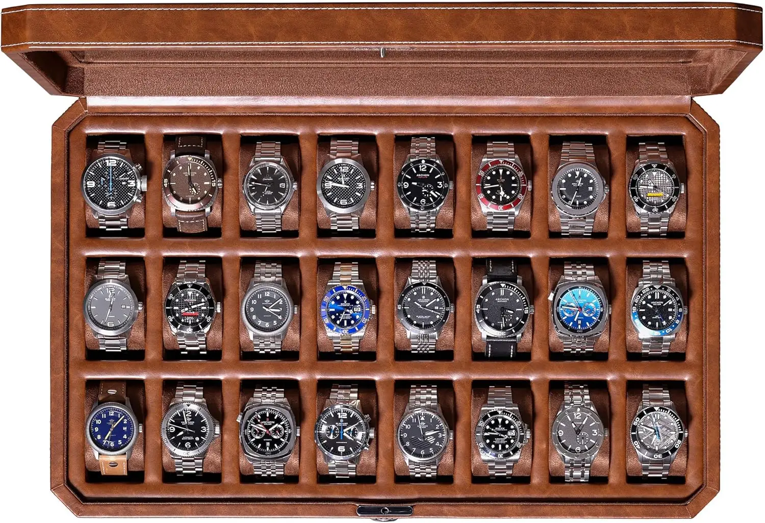 

24-Slot Luxury Watch Display Case with Lock, Real Glass Top & Premium Storage for Collectors (Tan/Brown)