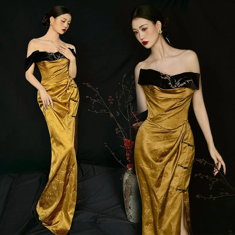 

Ele Yellow Chinese Sle Photoaphy Costume with Strap for Studio Portraits Travel Photooots Women's Faionable Tradi...