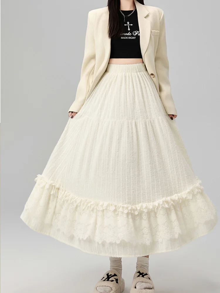 Brushed lace patchwork inner lining skirt women's autumn and winter gentle temperament high waist A-line cake skirt