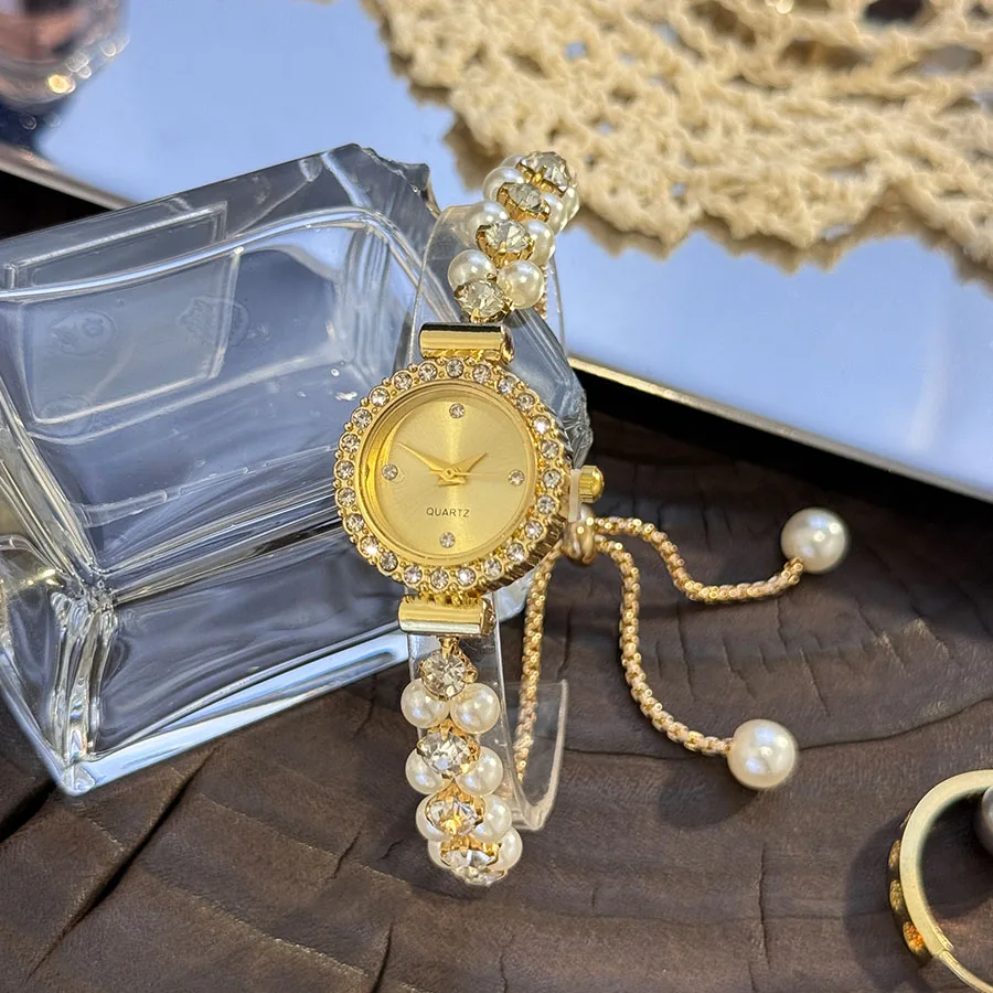 صف مزدوج لؤلؤة مرصعة بالألماس سحب حبل سوار المرأة ساعة كوارتز رومانسية SweetStyle موضة فاخرة ساعة اليد المتخصصة