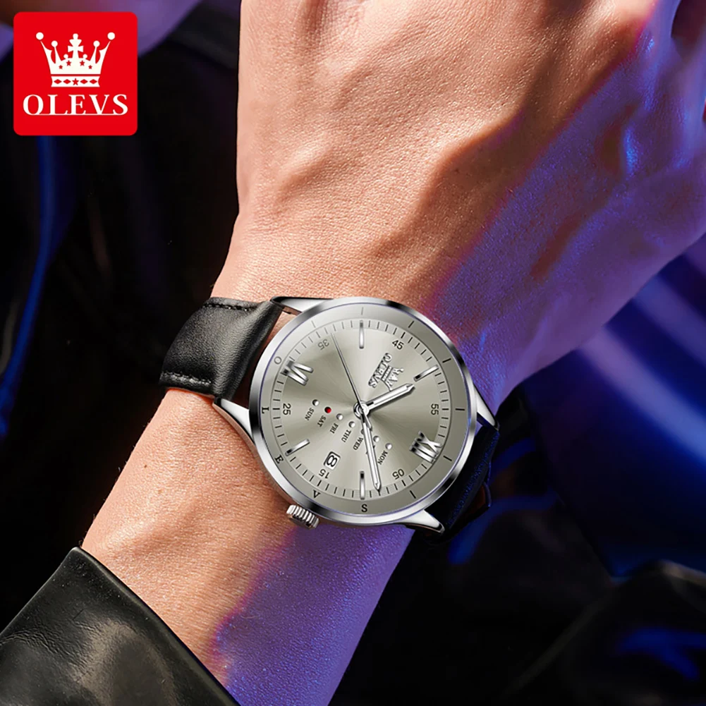 OLEVS 2931 Brand Original Quartz Movement Watch Luminous Function Leather Strap Calendar Window 30m Waterproof Watch For Men