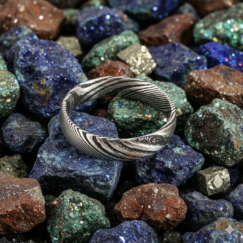 Brutalistischer Damaststahlring für Männer, minimalistisches Design, AAA+, Zirkonia, Ehering, einzigartige Herrenschmuck-Accessoires, 2025 – Detail 4