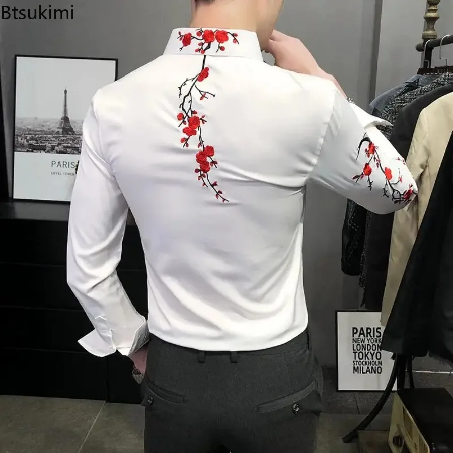 New Men's Embroidered Long Sleeve Shirt Spring Autumn Floral Pattern High Grade Business Blouse Trendy Luxury Casual Top Shirts