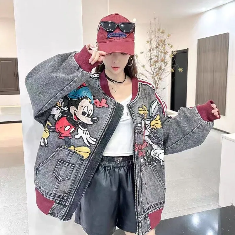 

edc 2025 Autumn Official Mickey Sequin Embroidery Denim Baseball Jacket Women Loose Fashion Casual Outerwear electric bike