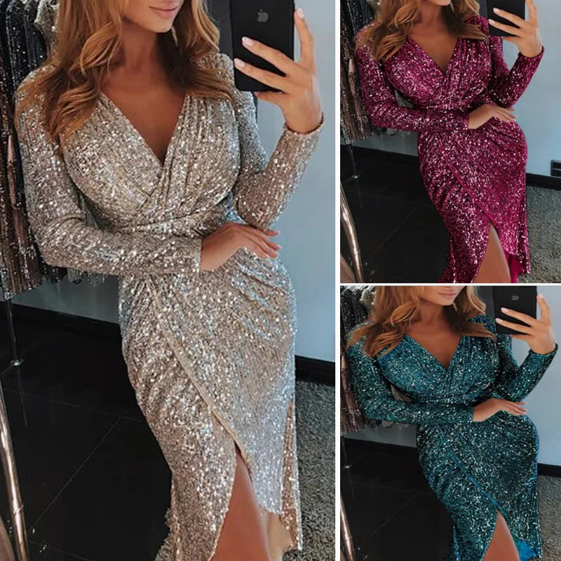 8 Colors Autumn Sequined Midi Plus Size Dress Suit Long Sleeve Christmas Party Women Dress Club Pencil Gold V Neck Dress