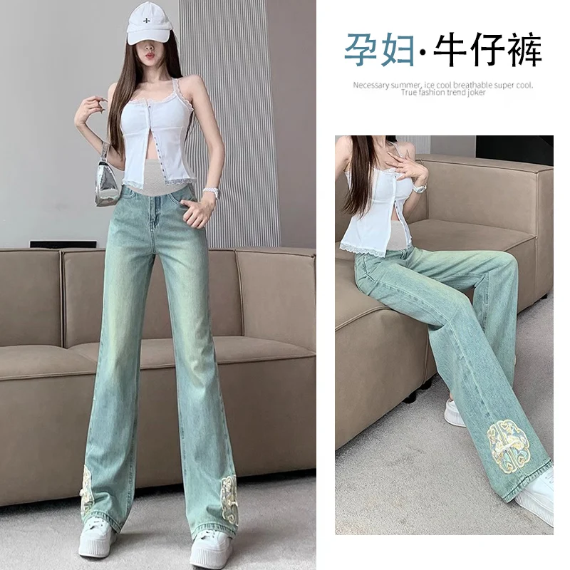 Old Embroidery Patch Denim Maternity Long Jeans Chinese Style High Waist Belly Straight Pants for Pregnant Women Retro Pregnancy