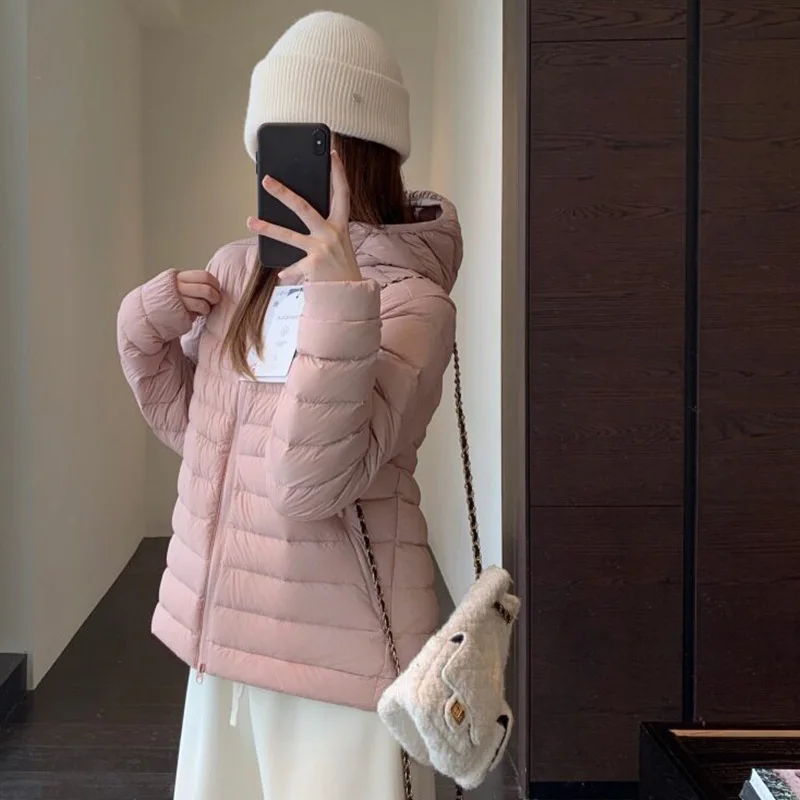 Winter White Duck Down Double Zipper Outwears Women Lightweight Pork Ribs Hooded Down Jacket Female Warm Slim Parker Jacket