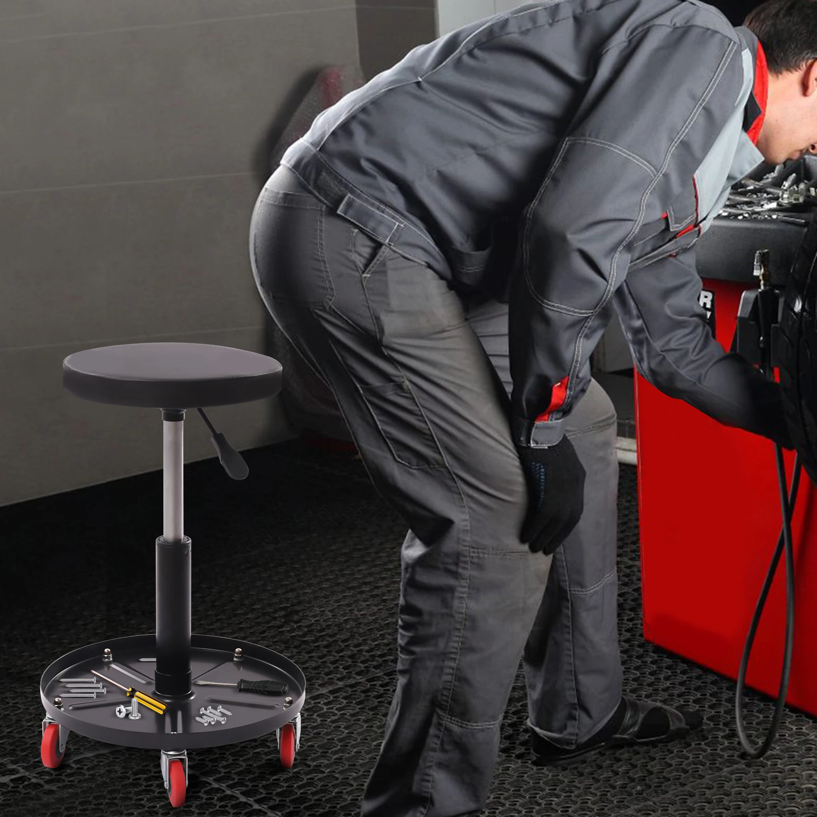 

Heavy Duty Rolling Pneumatic Creeper Garage/Shop Seat Padded Adjustable Mechanic Stool with Tool Tray Storage