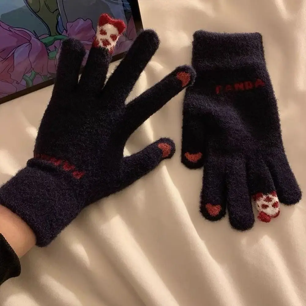 Bear Design Crystal Fleece Knitted Gloves Knit Fabric One Size Touch Screen Full Finger Gloves Thick Warm Gloves Daily Commute