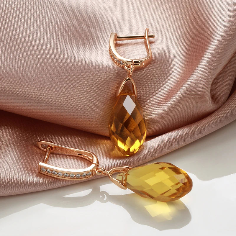 SYOUJYO Luxury Shiny Pendant Earrings 585 Rose Gold Color Natural Yellow Water Drop Zircon Inlay Wedding Party Fashion Jewelry