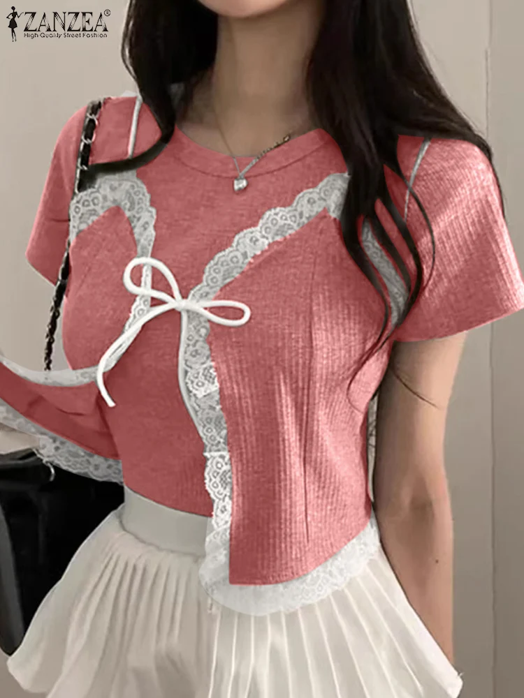 ZANZEA Damskie Koszulki Letnie z Krótkim Rękawem Tuniki Koronkowe Łączone Bluzki Moda 2025 Udające Dwuczęściowe T-shirty Codzienne Dzianinowe Bluzki Koszulowe