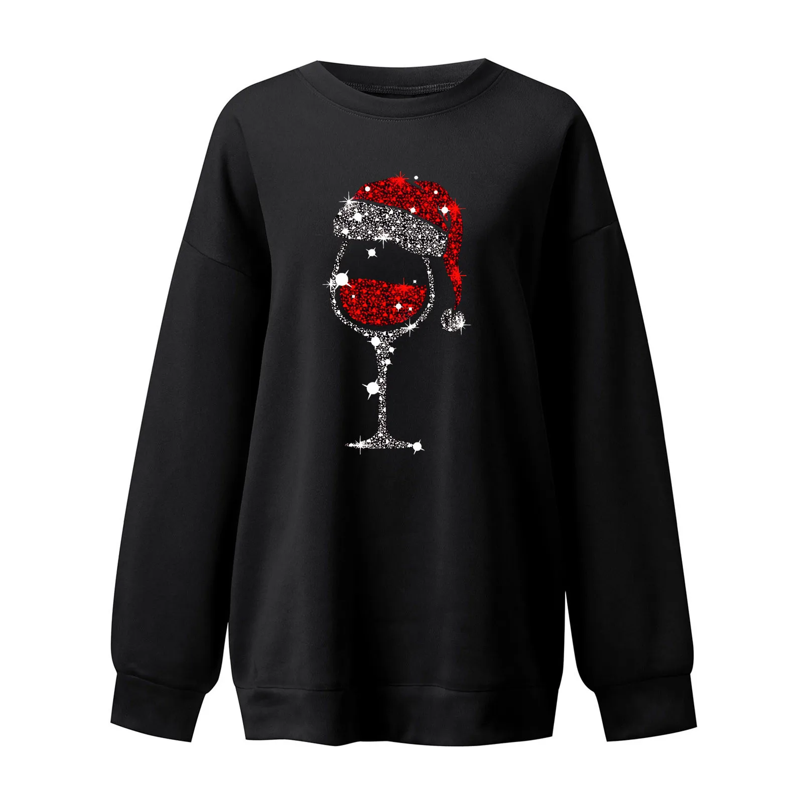 Oversize Lose Casual Frauen Weihnachten Sweatshirts Einfarbig Rot Hut Wein Glas Grafik Langarm Crewneck Pullover Pullover