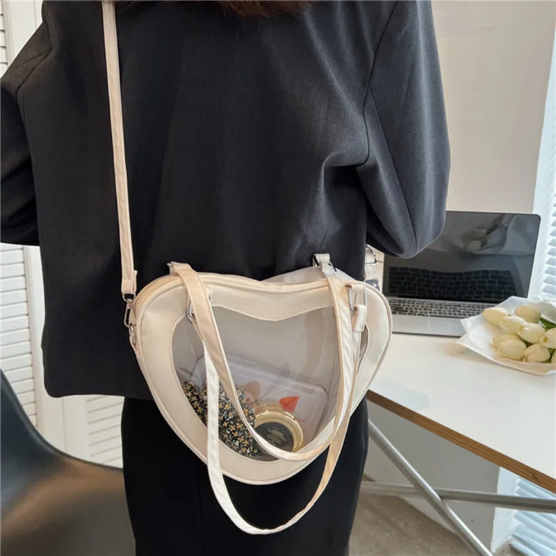 Fashion Women Love Heart Shaped Transparent Shoulder Bag PVC Clear Lady Girls Underarm Casual Daily Travel Handbag Totes Purse