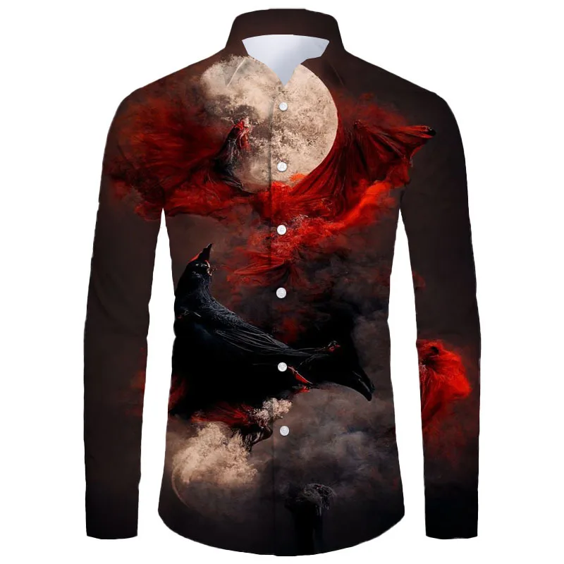 2024 New Summer Men's Long Sleeve Shirt Night Crow 3d Printing Shirt Sports Loose Shirt Party Office Shirt Men's Tops Hawaii Tee