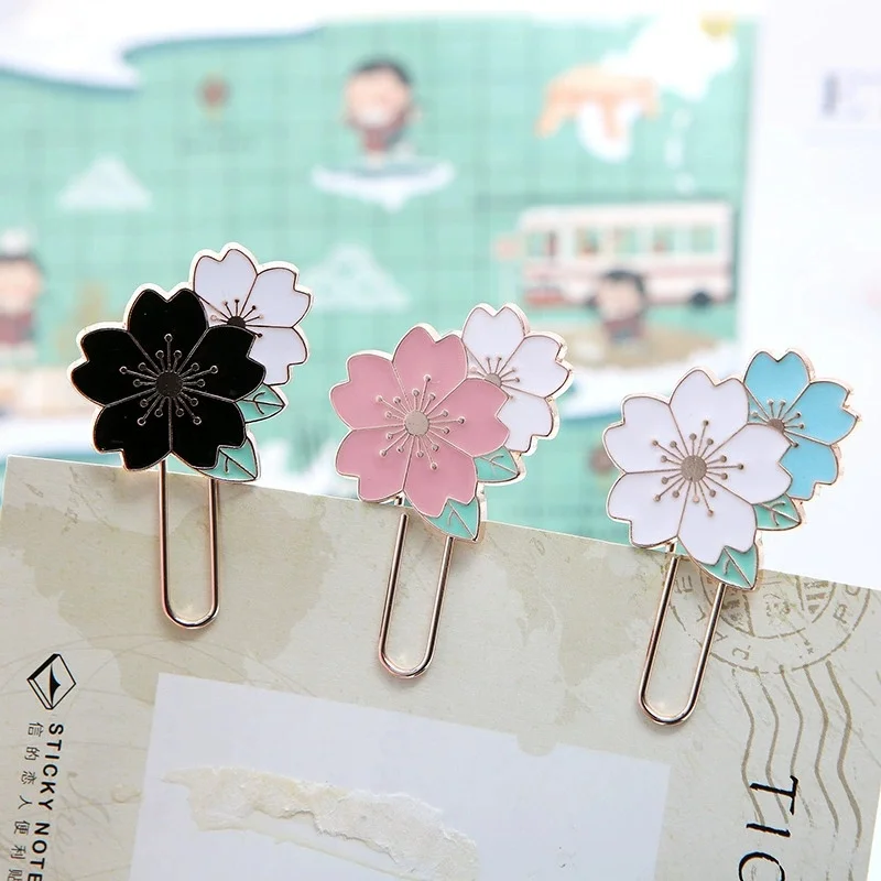 Vintage Enamel Sakura Flower Paper Clips Decorative Metal Bookmarks, Aesthetic Stationery for Journaling, School Office Supplies