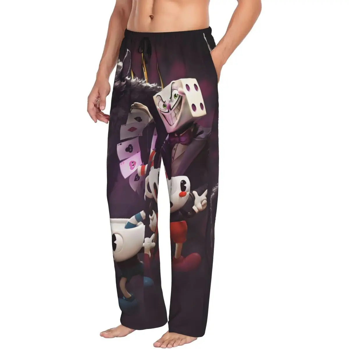 مخصص الرجال Cupheads بيجامة السراويل المطبوعة Mugman لعبة النوم ملابس النوم قيعان مع جيوب