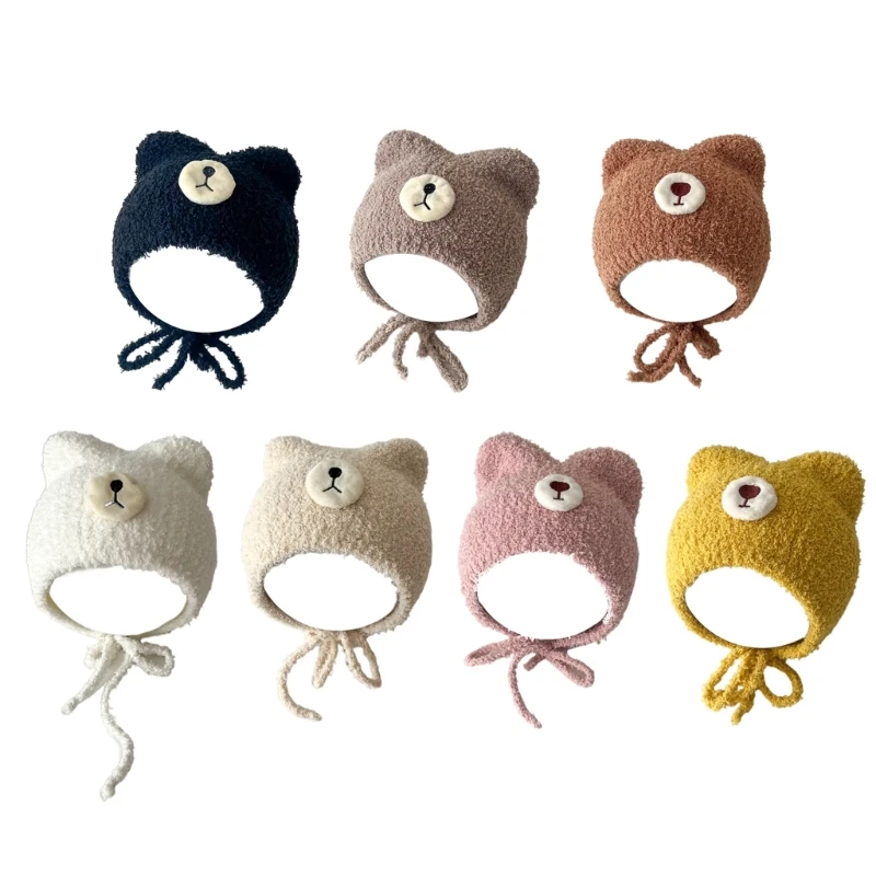 

L5YF Trendy Knit Hat Baby Bear Knit Hat with Adjustable Strap Newborn Wool Hat Gift