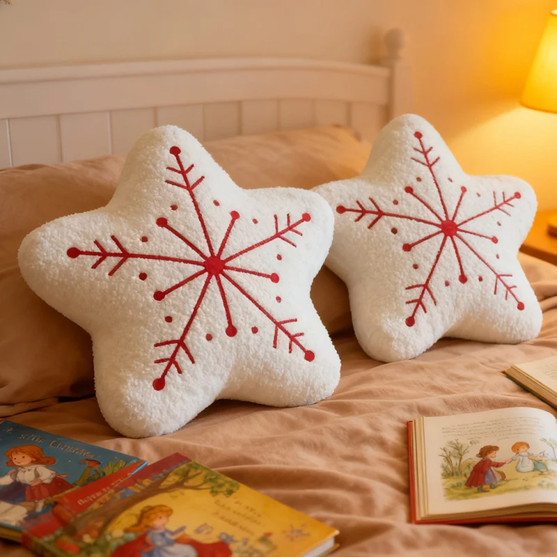 Christmas Plush Pillow Star Shaped Red White Trim for Kawaii Holiday Decor Fans Winter Bedroom Accent and Seasonal Gift