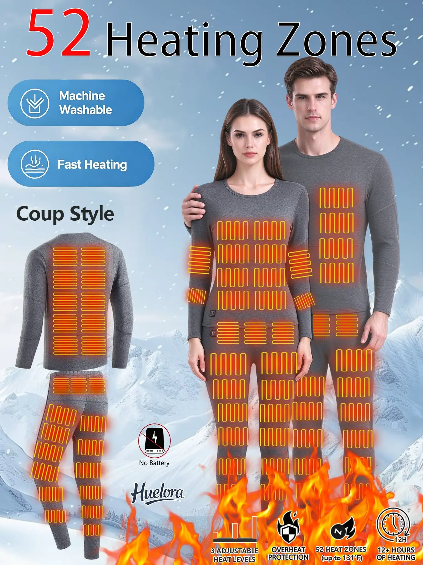 Huelora Heated Thermal Underwear Set for Men Women 52 Heating Zones Electric Heated Long Johns 3 Adjustable Temp Winter Warm