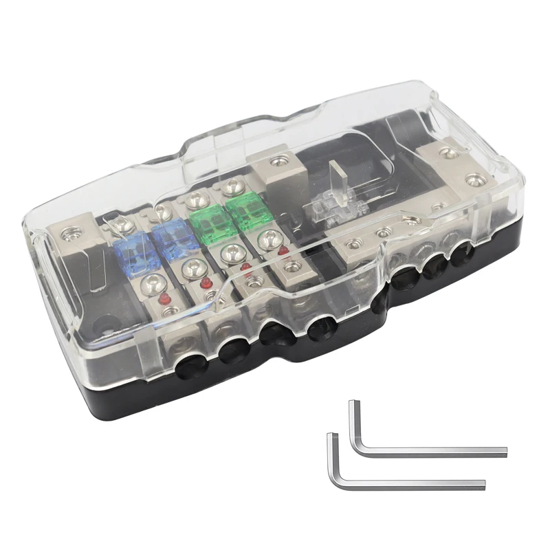 Multi functional fuse box with LED light (four-way fuse 30A/60A+two in four out junction box+2 spare fuses 80A)