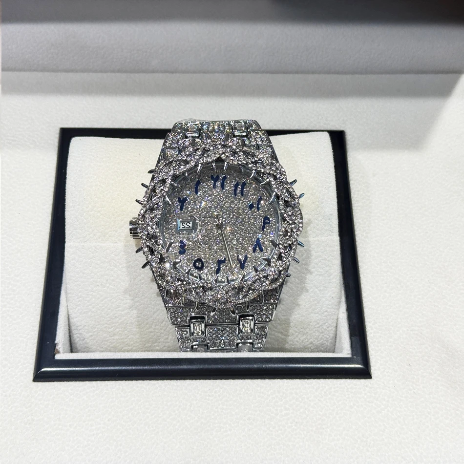 Cool Black Watch For Men Luxury Thorn Crown Quartz Watches Fashion Hip Hop Iced Diamond Wristwatch Man Dropshipping